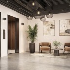 a room with a table chairs and a plant in it