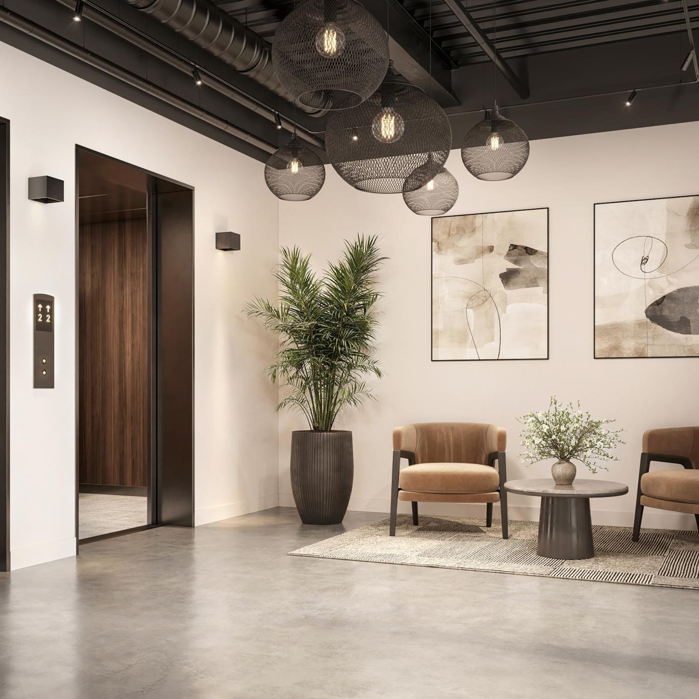 Settle into comfort at Five Points a room with a table chairs and a plant in it